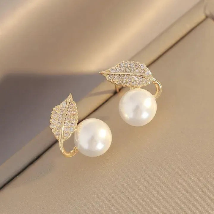 Classic Pearl Leaf Stud Earrings