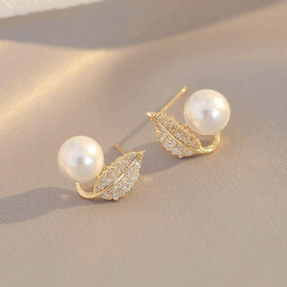 Classic Pearl Leaf Stud Earrings