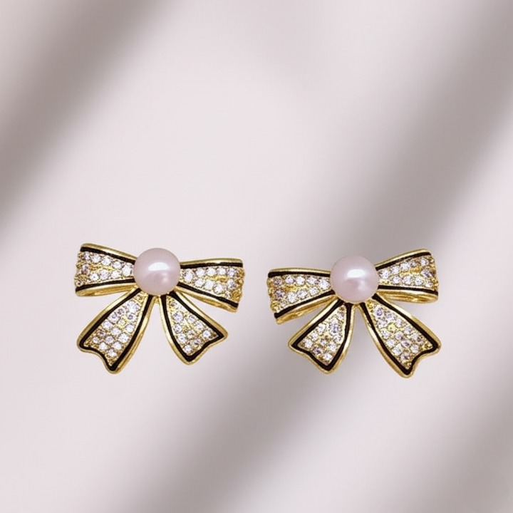 Korean Pearl Bow Earrings | Golden