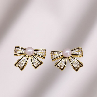 Korean Pearl Bow Earrings | Golden
