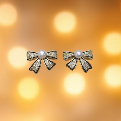 Korean Pearl Bow Earrings | Golden