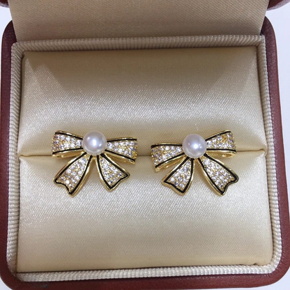 Korean Pearl Bow Earrings | Golden
