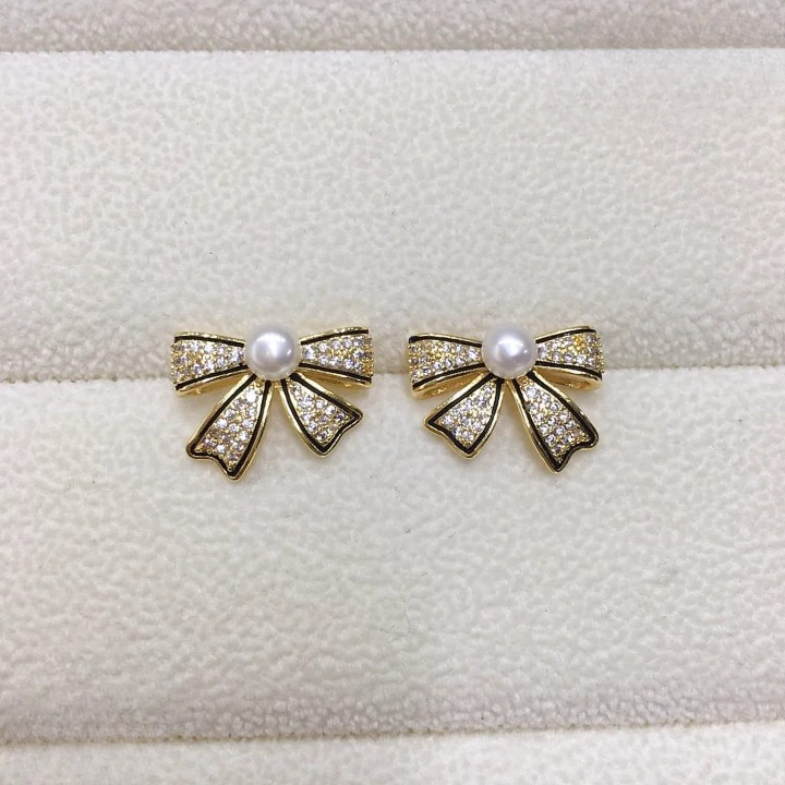 Korean Pearl Bow Earrings | Golden