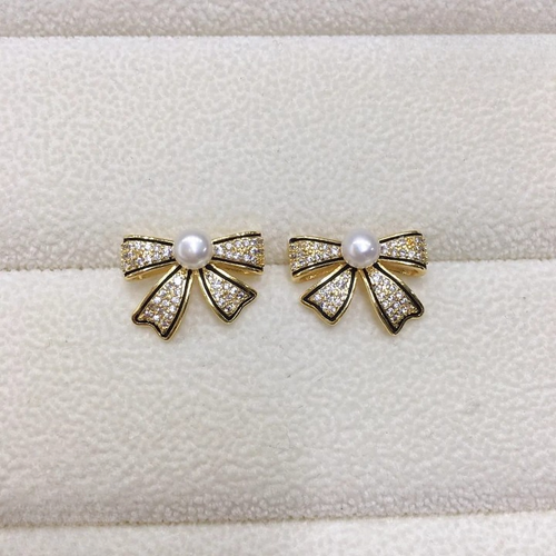 Korean Pearl Bow Earrings | Golden