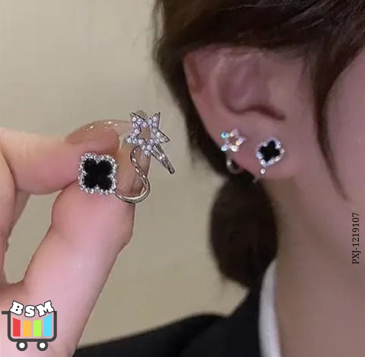 Gold Plated Clover Star Earrings | Black Crystal