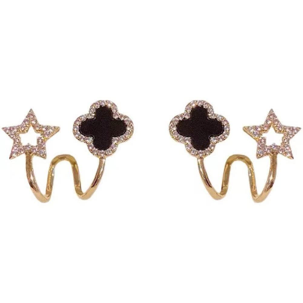 Gold Plated Clover Star Earrings | Black Crystal