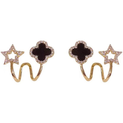 Gold Plated Clover Star Earrings | Black Crystal