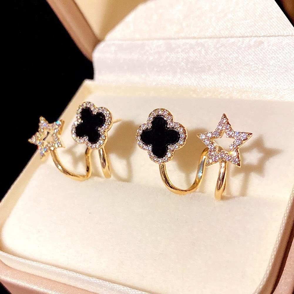 Gold Plated Clover Star Earrings | Black Crystal