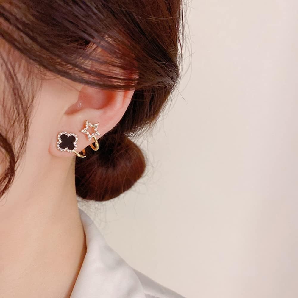 Gold Plated Clover Star Earrings | Black Crystal