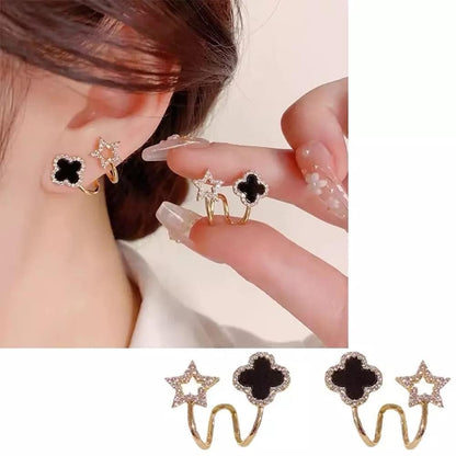 Gold Plated Clover Star Earrings | Black Crystal