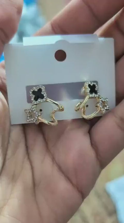 Gold Plated Clover Star Earrings | Black Crystal